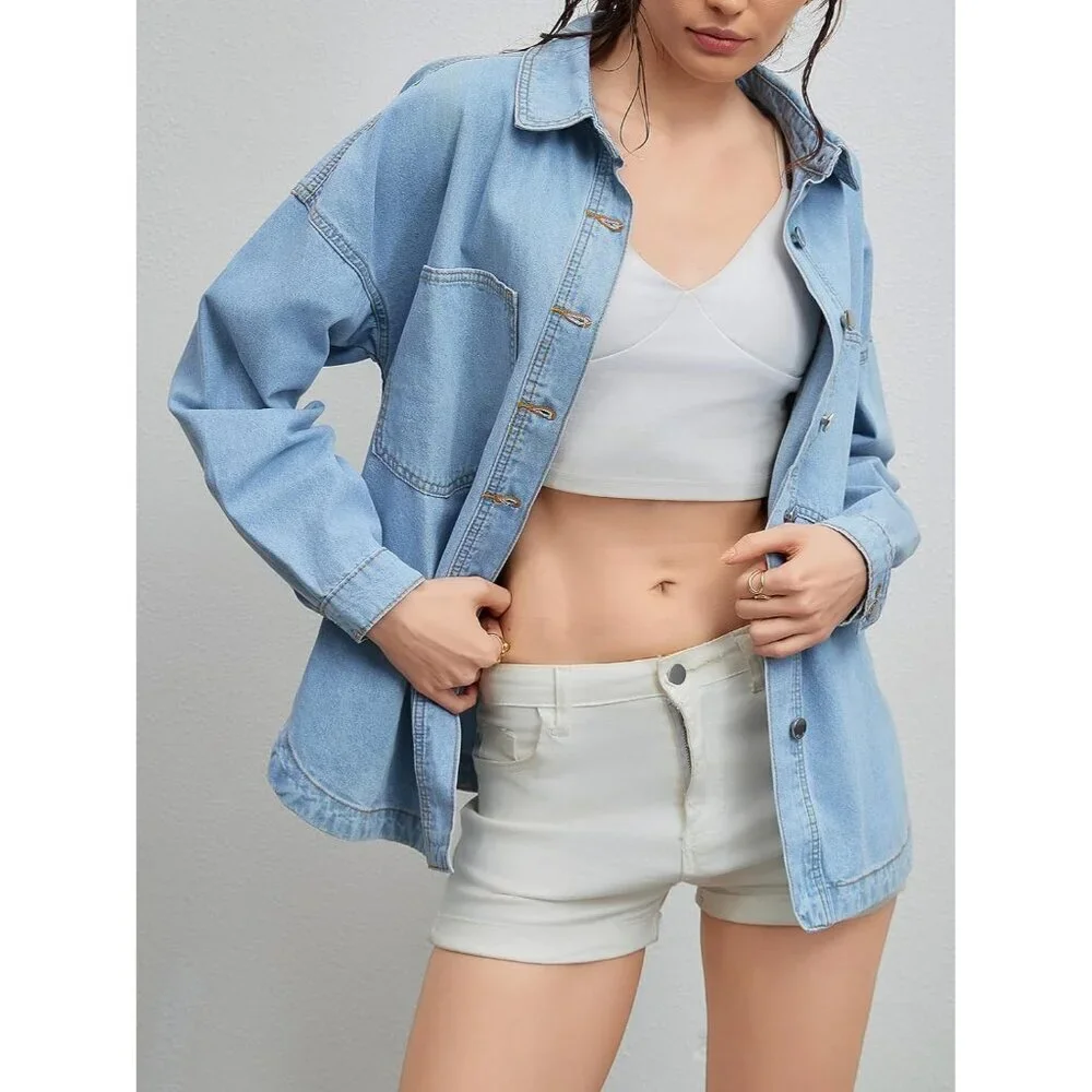 Women Denim Shacket Light Blue Oversized Button Long Sleeve Casual Jacket - Picture 4 of 7